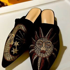 Black velvet Sun/Moon pointed mule flats